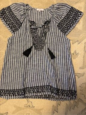 Parker Navy and White Striped Embroidered Tassel Peasant Top